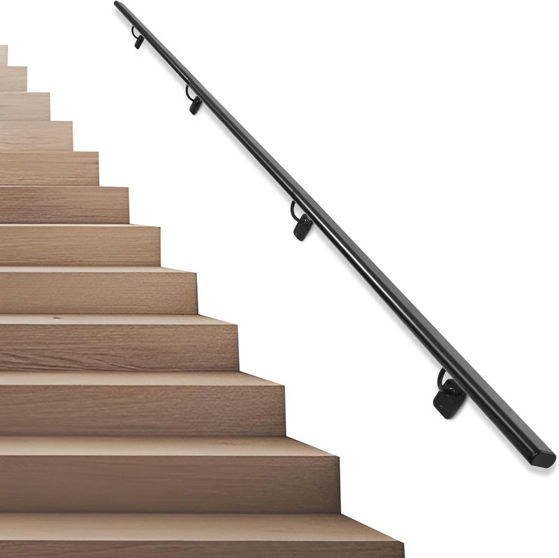 SDNBHT Industrial Stair Handrail Wall-Mounted Hand Rails for Indoor Stairs Black Pipe Stair Railing Indoor Metal Hand Rail for Indoor & Outdoor Steps Aluminum Staircase Handrail for Stairs 12ft - Image 1